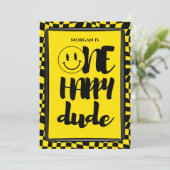 キュートワンハッピーダードボーイズファースト市松模様に誕生日 招待状 (スタンド正面)