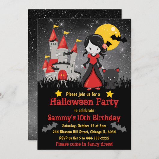 キュートヴァンパイアガールアンドキャッスルハロウィーン誕生日 招待状 (正面/裏面)