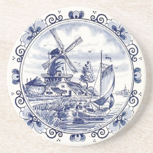 キュートヴィンテージオランダウィンドミルセーロボートデルフトブルー コースター (正面)