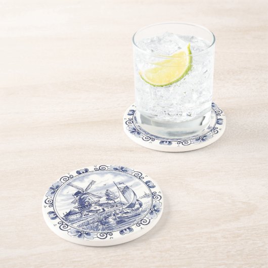 キュートヴィンテージオランダウィンドミルセーロボートデルフトブルー コースター (側面)