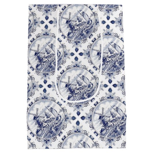 キュートヴィンテージオランダウィンドミルセーロボートデルフトブルー ミディアムペーパーバッグ (裏面)