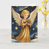 キュートヴィンテージクリスマスエンジェルカスタム文字 カード (黄色い花)