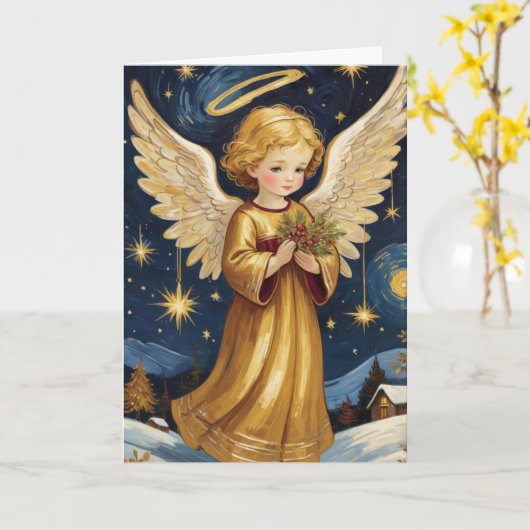 キュートヴィンテージクリスマスエンジェルカスタム文字 カード (黄色い花)