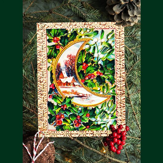 キュートヴィンテージクリスマスムーンハウスホリーミストレトーエ シーズンポストカード