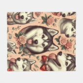 キュートヴィンテージシベリアハスキーイラストレーション フリースブランケット (正面(横))