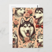キュートヴィンテージシベリアハスキーイラストレーション ポストカード (正面/裏面)