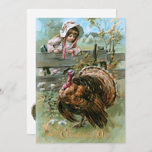 キュートヴィンテージファームガールと感謝祭トルコ シーズンカード (正面/裏面)