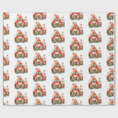 キュートヴィンテージレッド&ホワイトクリスマスハウス ラッピングペーパー (フラット)