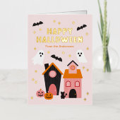 キュート不気味ハロウィーン幽霊のよく出るハウス 箔グリーティングカード (正面)