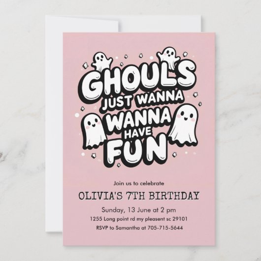 キュート不気味ハロウィーン誕生日 | ピンク幽霊パーティー 招待状 (正面)