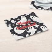 キュート不気味幽霊ハロウィーン白黒 スクエアペーパーコースター (アングル)