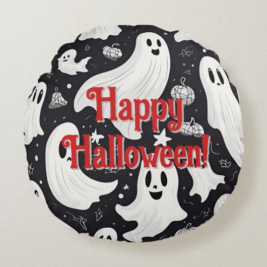 キュート不気味幽霊ハロウィーン白黒 ラウンドクッション (正面)