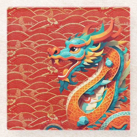 キュート中国のニューイヤードラゴン〔占星術の〕十二宮図誕生日GlSC ガラスコースター (正面)