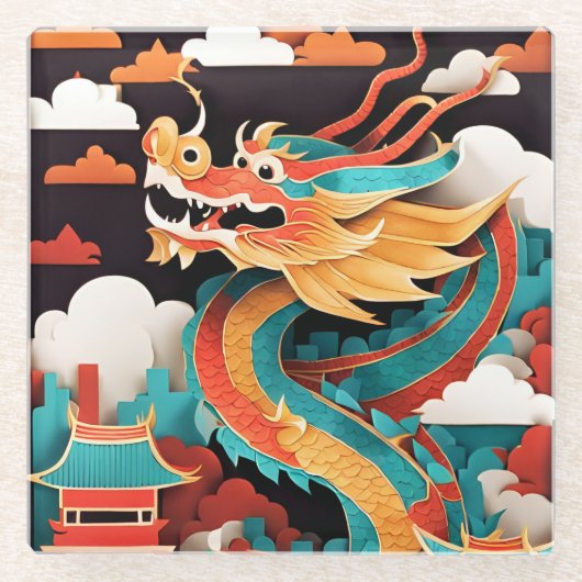 キュート中国のニューイヤードラゴン〔占星術の〕十二宮図誕生日GlSC ガラスコースター (正面)