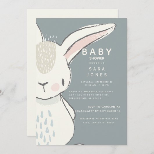 キュート中性水色うさぎ赤ちゃんシャワー 招待状 (正面/裏面)