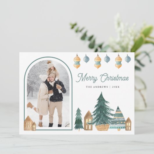 キュート伝統的北欧のアーチフォトクリスマス シーズンカード (スタンド正面)