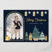 キュート伝統的北欧アーチ写真海軍クリスマス 箔シーズンカード (正面)