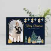 キュート伝統的北欧アーチ写真海軍クリスマス 箔シーズンカード (立ち正面)
