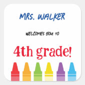 キュート先生ウェルカム新学期クレヨン スクエアシール (正面)