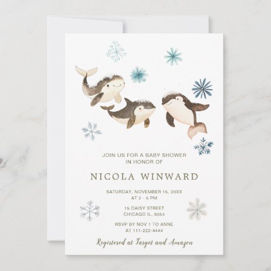 キュート冬の北極鯨の赤ちゃんシャワー 招待状 (正面)