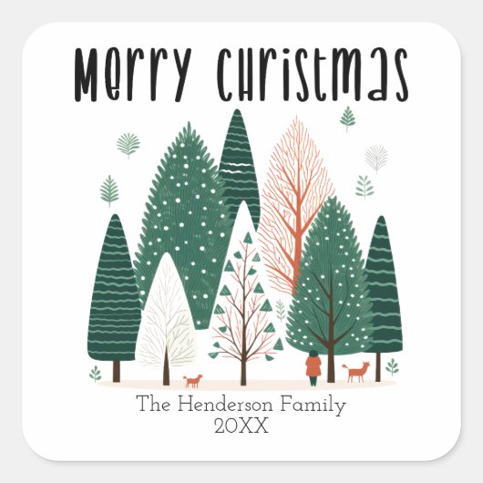 キュート冬の森の松の木の家族クリスマス スクエアシール (正面)