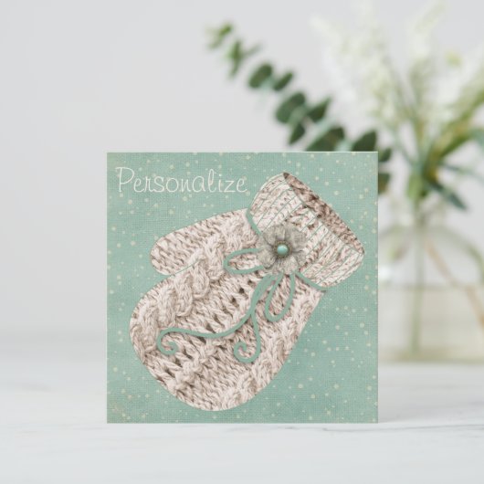 キュート冬の糸ミトンヴィンテージティール（緑がかった色）灰色の素朴 (スタンド正面)