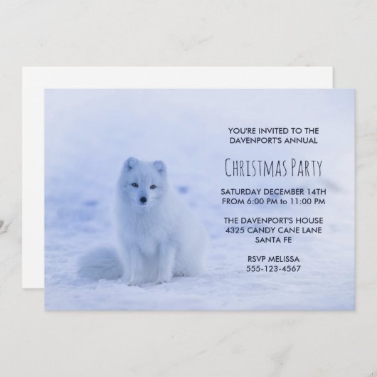 キュート北極キツネオンスノークリスマスパーティー 招待状 (正面/裏面)