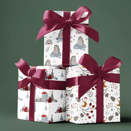 キュート北欧クリスマスハウスヘッジホッグフローラ ラッピングペーパーシート