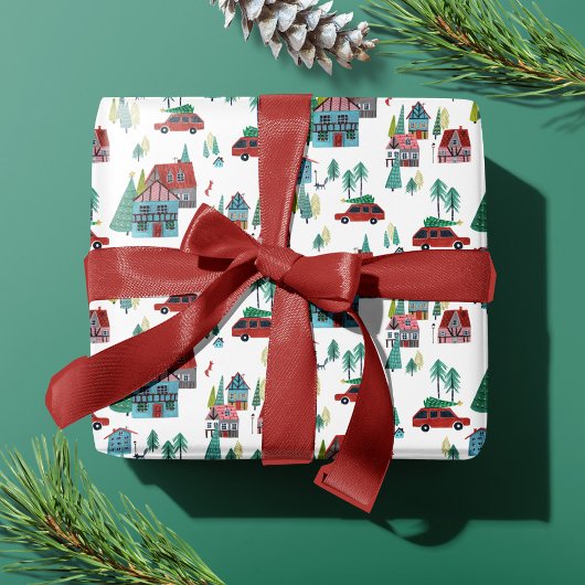 キュート北欧スケートで滑るビレッジクリスマスパターン ラッピングペーパー