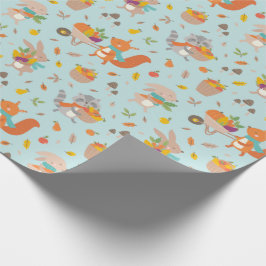 キュート収穫秋動物と野菜を青に ラッピングペーパー