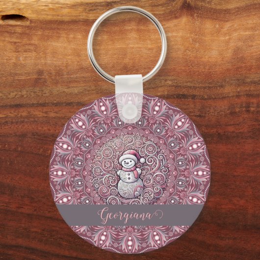 キュート名前をカスタムするお洒落ピンク雪だるまマンダラ キーホルダー (正面)