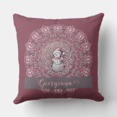 キュート名前をカスタムするお洒落ピンク雪だるまマンダラ クッション (裏面)