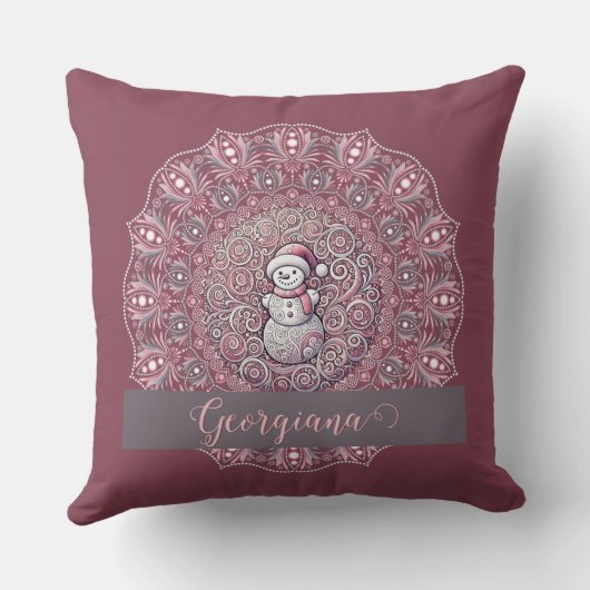 キュート名前をカスタムするお洒落ピンク雪だるまマンダラ クッション (裏面)