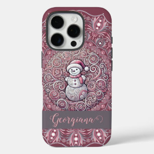 キュート名前をカスタムするお洒落ピンク雪だるまマンダラ iPhone 16 PROケース