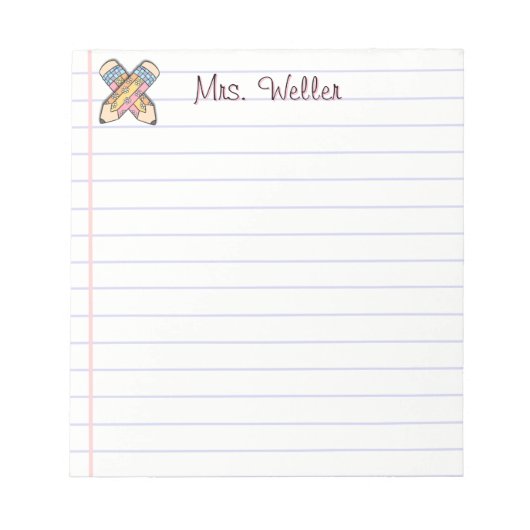 キュート名前をカスタムする先生レトロ鉛筆デザイン ノートパッド (正面)