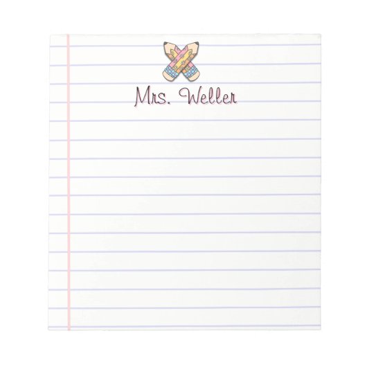 キュート名前をカスタムする先生レトロ鉛筆デザイン ノートパッド (正面)