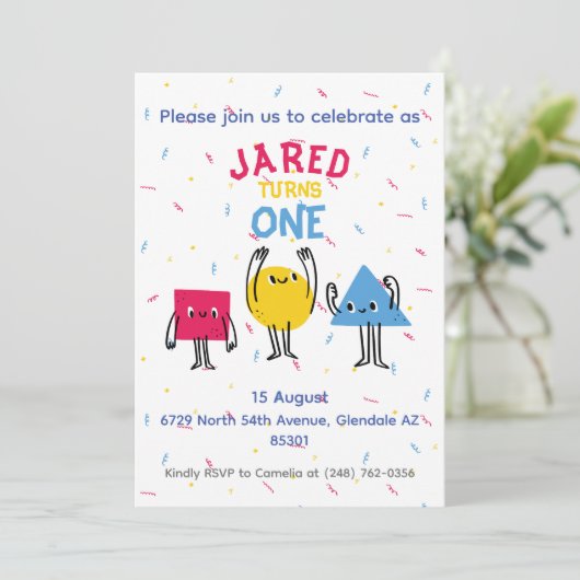 キュート図形の最初の誕生祝い招待状 招待状 (スタンド正面)