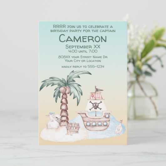 キュート図解入りの、写真付きのサンセット海賊版パーティー 招待状 (スタンド正面)