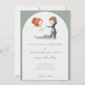 キュート図解入りの、写真付きのセージグリーンアー結婚チ 招待状 (正面)