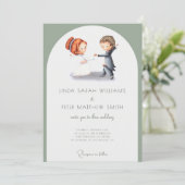 キュート図解入りの、写真付きのセージグリーンアー結婚チ 招待状 (スタンド正面)