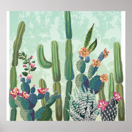 キュート多肉植物:ヴィンテージサボテン模様 ポスター (正面)