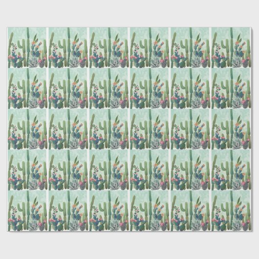 キュート多肉植物:ヴィンテージサボテン模様 ラッピングペーパー (フラット)