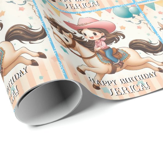 キュート女性のカーボーイアンドホースウェスタン誕生日 ラッピングペーパー (ロールコーナー)