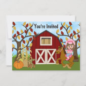 キュート女性のカーボーイ、馬と納屋の秋の馬誕生日 招待状 (正面)
