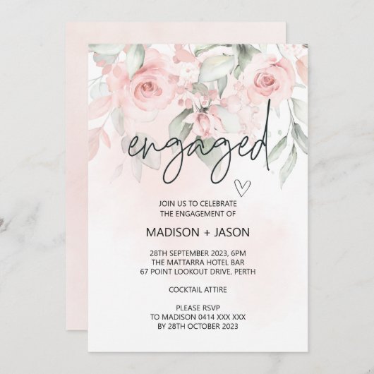 キュート婚約した婚約パーティ赤面ピンクフローラ 招待状 (正面/裏面)