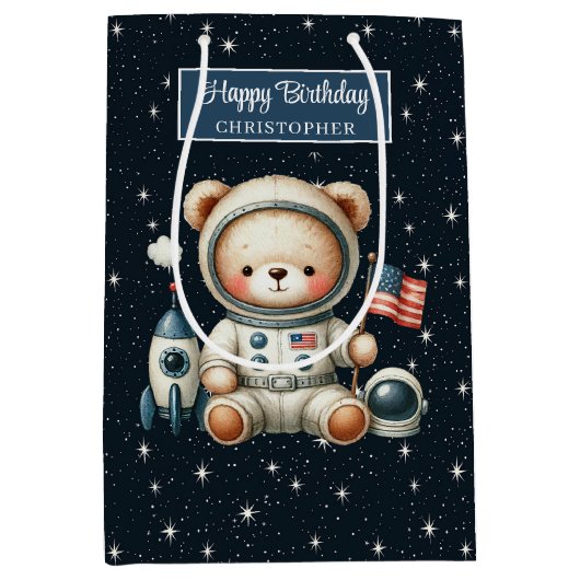 キュート宇宙飛行士ベアー抱き枕誕生パーティー ミディアムペーパーバッグ (正面)