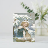 キュート小さな女の子スノーツリーチャーチ ポストカード (スタンド正面)