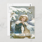 キュート小さな女の子スノーツリーチャーチ ポストカード (正面/裏面)