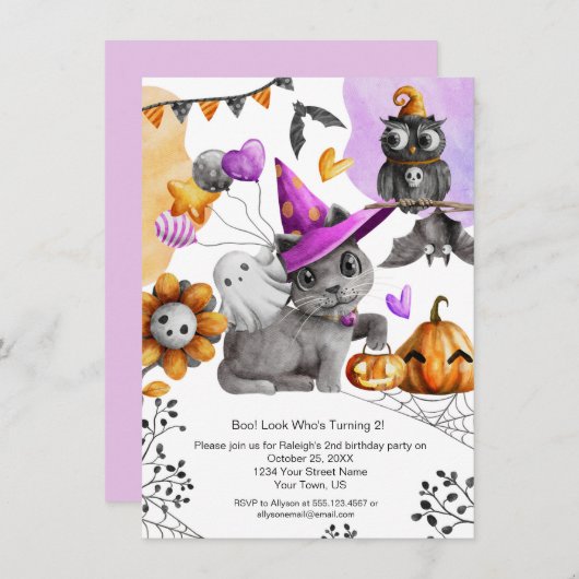 キュート小さな女の子ハロウィーン誕生祝い 招待状 (正面/裏面)