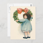 キュート小さな女の子ホリーリースピンクボウ ポストカード (正面/裏面)